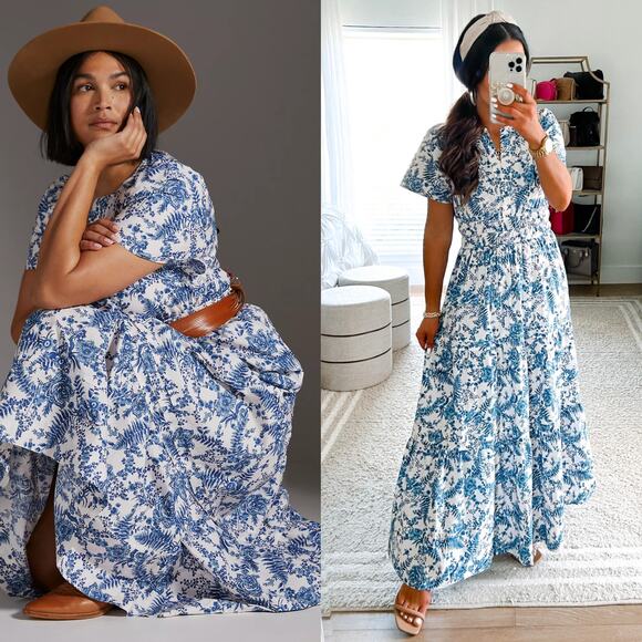 Anthropologie Maeve The Somerset Maxi Dress Blue White Fern Toile - Picture 1 of 12